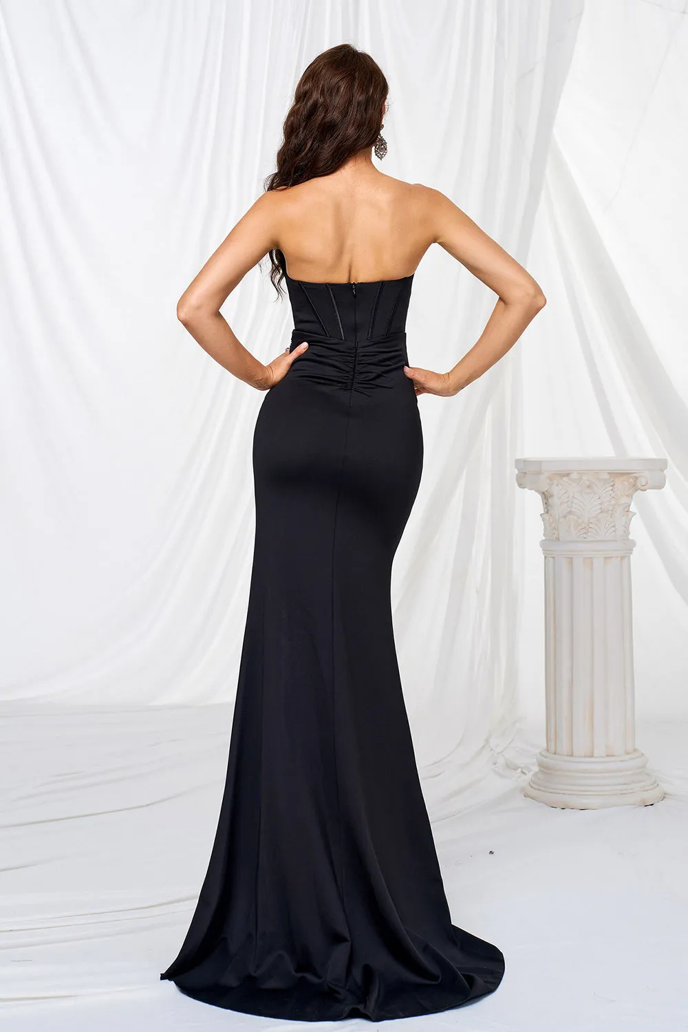 Black Corset Sweetheart Ruched Mermaid Floor Length Dress with Slit