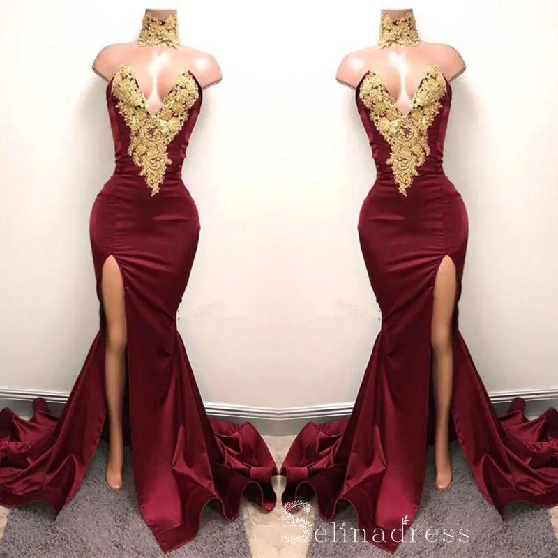 Chic A-line Mermaid Sexy Long Prom Dresses Burgundy Gold African Prom Dress CBD395