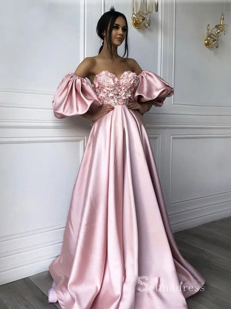 Chic A-line Pink Long Prom Dresses Satin Evening Gowns MHL179