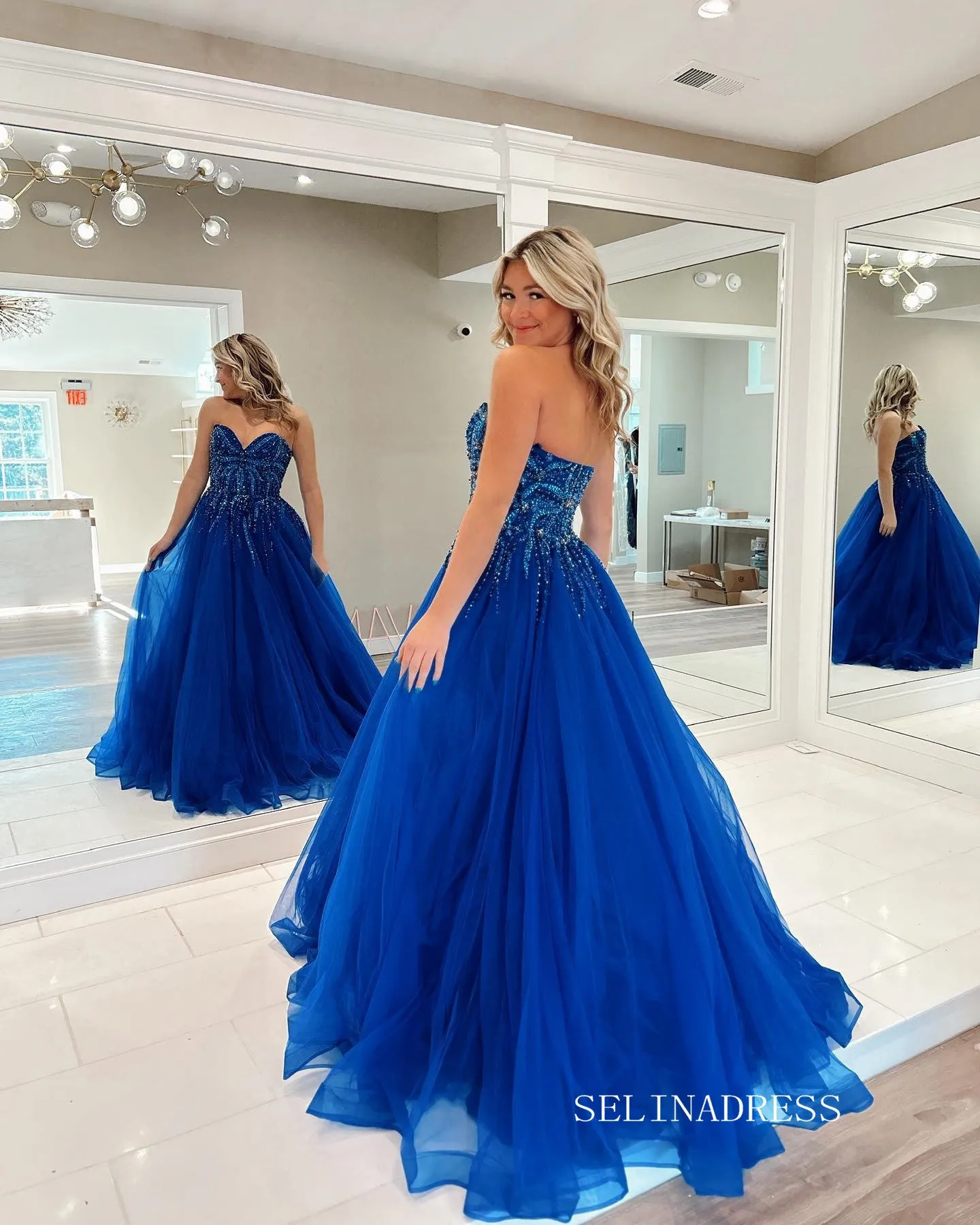 Chic A-line Sweetheart Beaded Long Prom Dress Royal Blue Tulle Elegant Evening Dress #LOP807