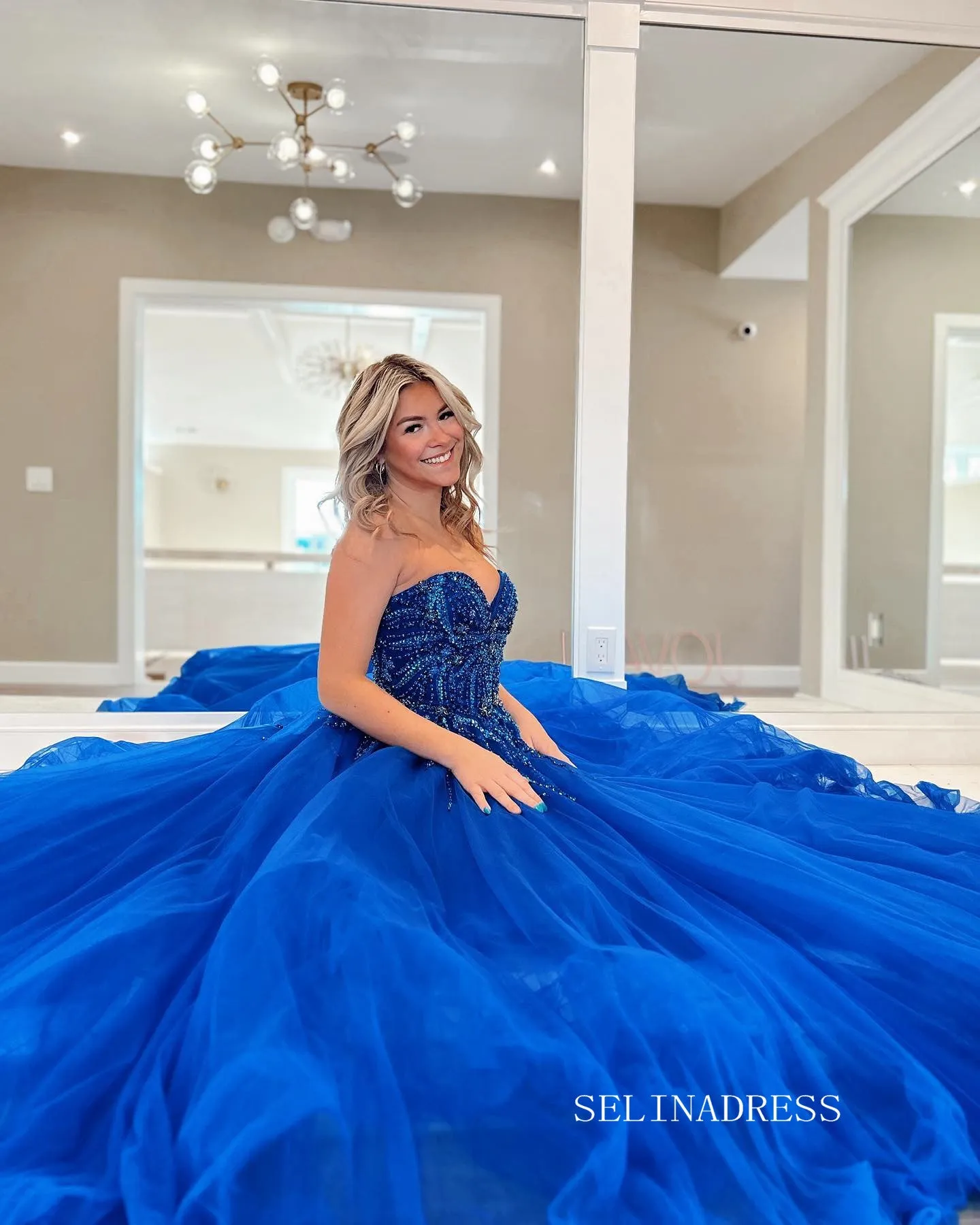 Chic A-line Sweetheart Beaded Long Prom Dress Royal Blue Tulle Elegant Evening Dress #LOP807