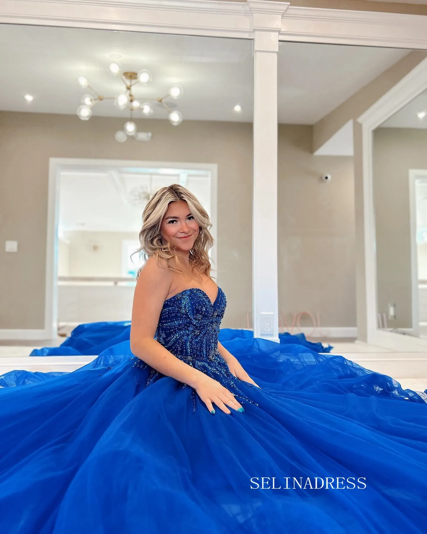 Chic A-line Sweetheart Beaded Long Prom Dress Royal Blue Tulle Elegant Evening Dress #LOP807