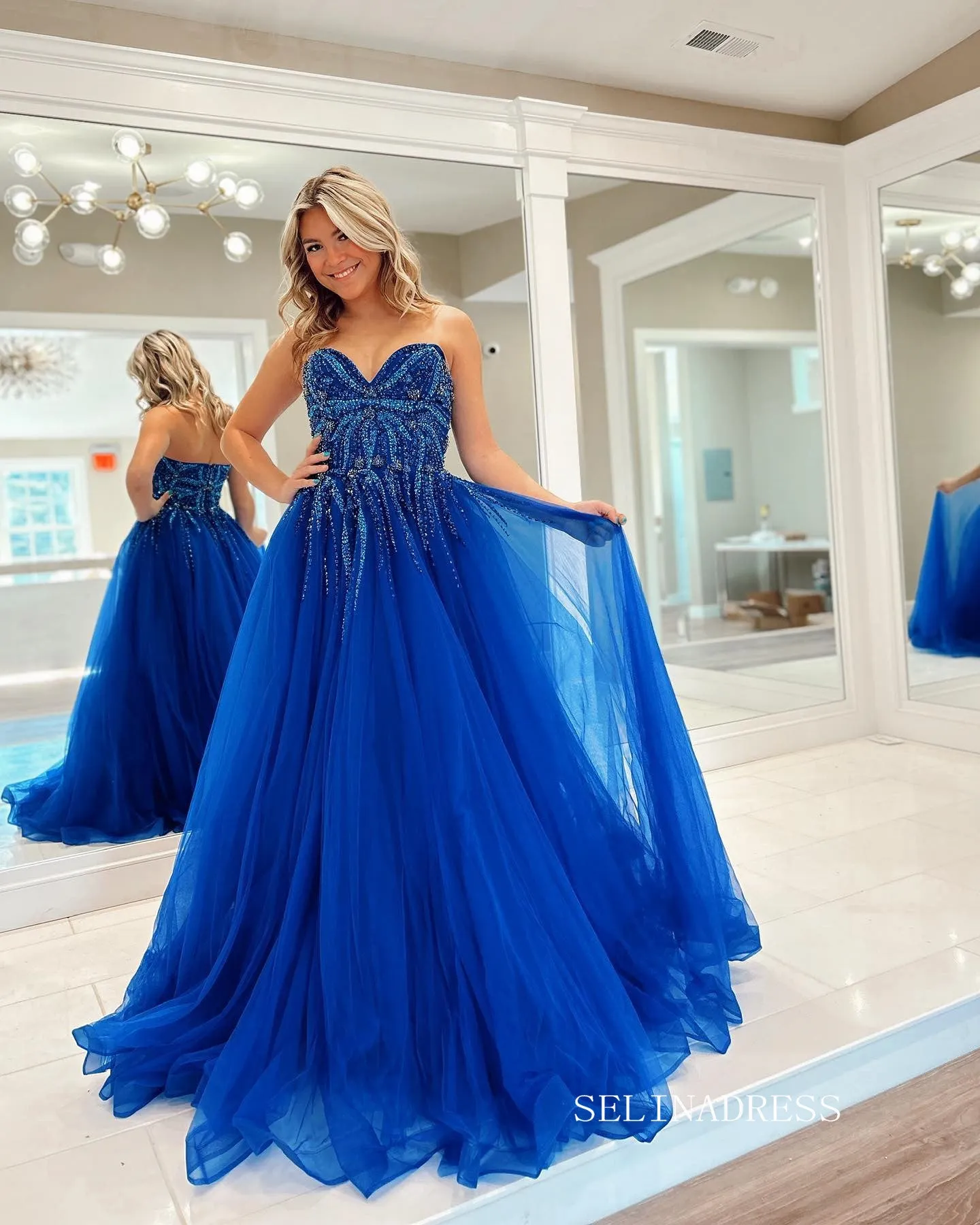 Chic A-line Sweetheart Beaded Long Prom Dress Royal Blue Tulle Elegant Evening Dress #LOP807