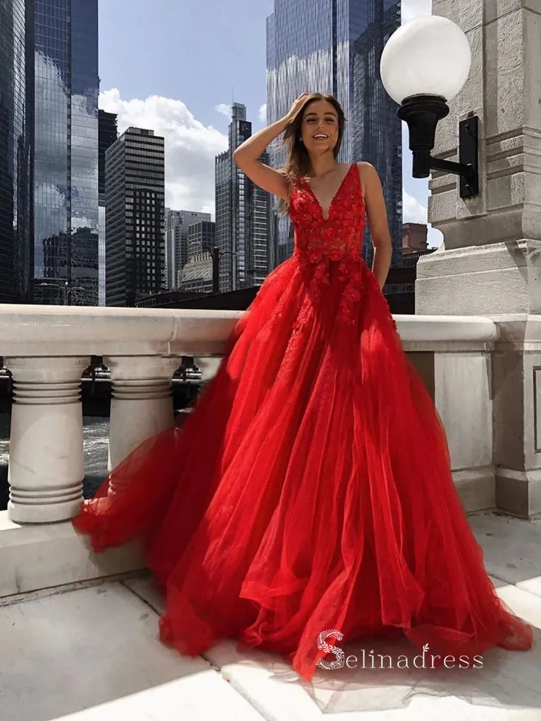 Chic A-line V neck 3D Floral Lace Long Prom Dress Red Evening Gowns MHL168