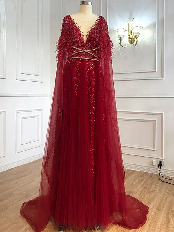 Chic A-line V neck Long Sleeve Beaded Evening Dress Elegant Long Prom Dresses sew03371