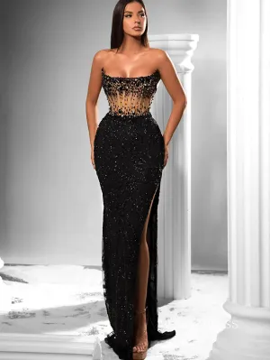 Chic Mermaid Strapless Black Long Prom Dresses Beaded Evening Dress sew0336