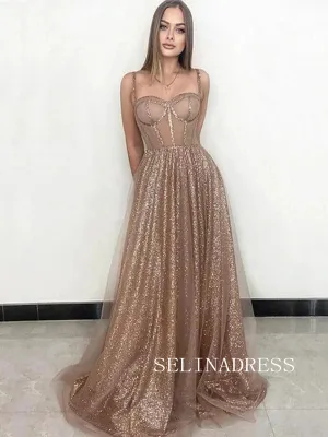 Chic Spaghetti Straps Shiny Prom Dresses Gorgeous Long Evening Dress TKH027