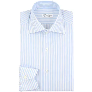 Cotton / Linen Semi Spread Shirt - White / Sky Blue - Butcher Stripe