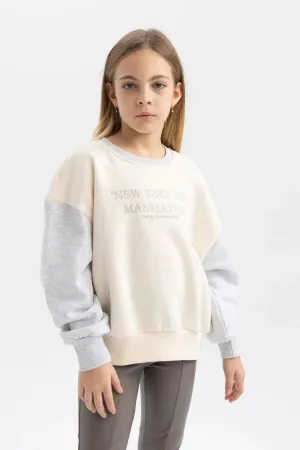 Defacto Girl's Beige Printed Crew Neck Soft Fuzzy Thick Sweatshirt