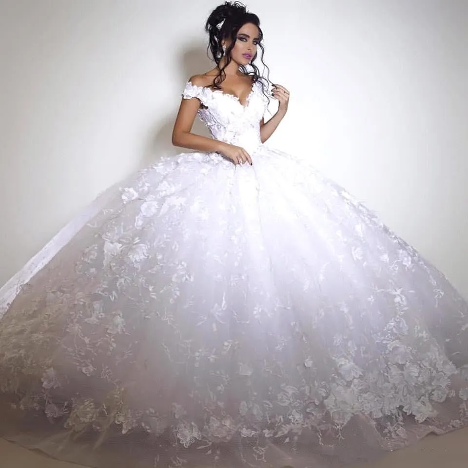 Glamorous Off-the-shoulder Wedding Dress Ball Gown tulle Appliques White