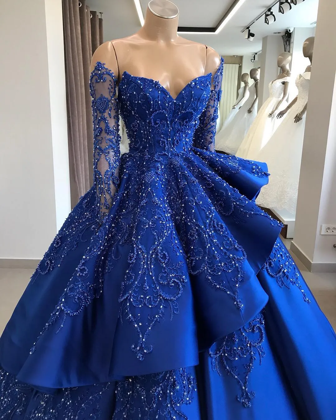 Gorgeous Royal Blue Lace Ruffled Evening Gown | Beads Prom Dress BC1125