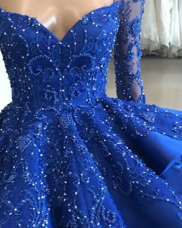 Gorgeous Royal Blue Lace Ruffled Evening Gown | Beads Prom Dress BC1125