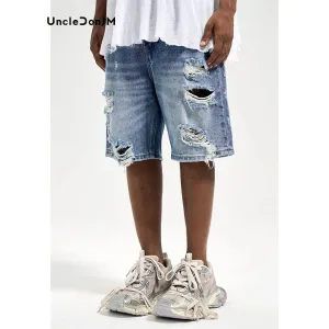 Men's Ripped Denim Shorts Frayed Vintage Casual Loose Jean Shorts Street Wear