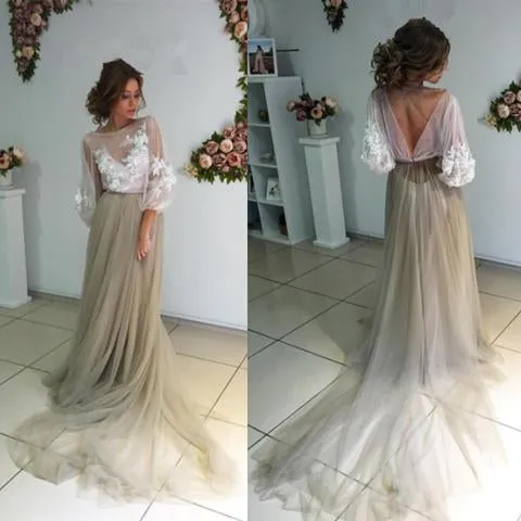 Modest Long Prom Dress Chic A-line Bateau Sage Tulle Evening Dress ASSD023