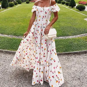 Off Shoulder Flower Print Elastic High Waist Ruffled Beach Long Dress