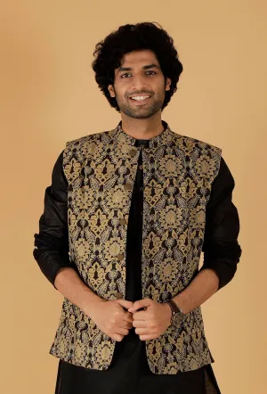 Olive Green Ajrakh Print Cotton Sleeveless Nehru Jacket