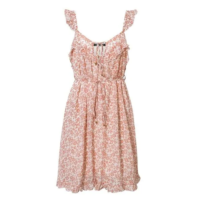 Ruffled Sleeveless Floral Print Leaf Strap Loose Boho Mini Dress