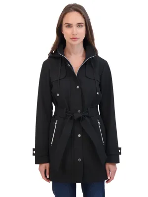 Sebby Collection Women's Belted Zip Front Soft Shell Trench Coat With Detachable Hood