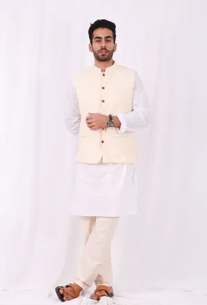 Set of 3: White Cotton kurta and Yellow Striped Pajama  with Yellow Striped Nehru Jacket