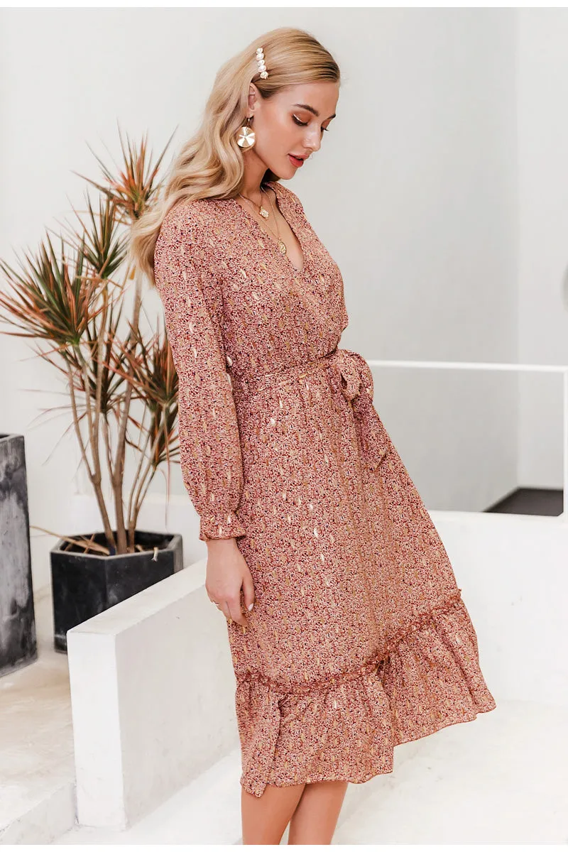 Sexy V-neck Printed Ruffled Elegant Long Sleeve Pleated Bohemian Maxi Dress