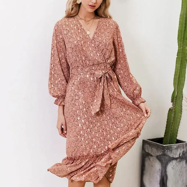 Sexy V-neck Printed Ruffled Elegant Long Sleeve Pleated Bohemian Maxi Dress