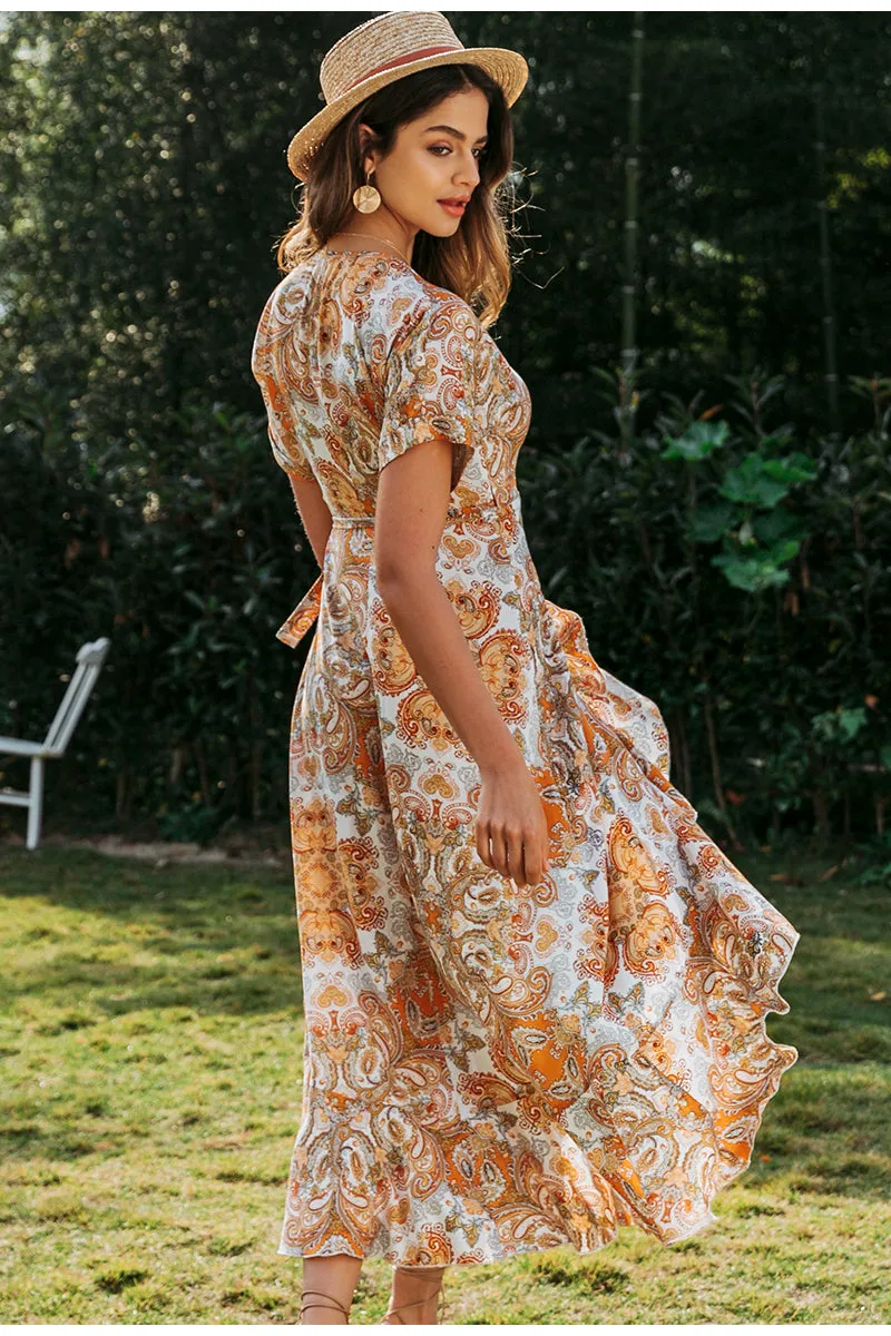 Sexy V-Neck Summer Ruffled High Waist Floral Boho Dress