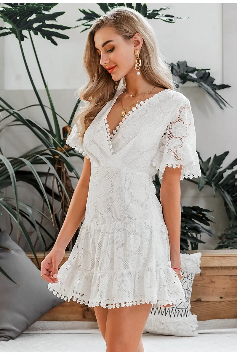 V-Neck Flower Lace Embroidery High Waist Holiday Beach Ruffled Cotton Mini Dress