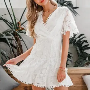 V-Neck Flower Lace Embroidery High Waist Holiday Beach Ruffled Cotton Mini Dress