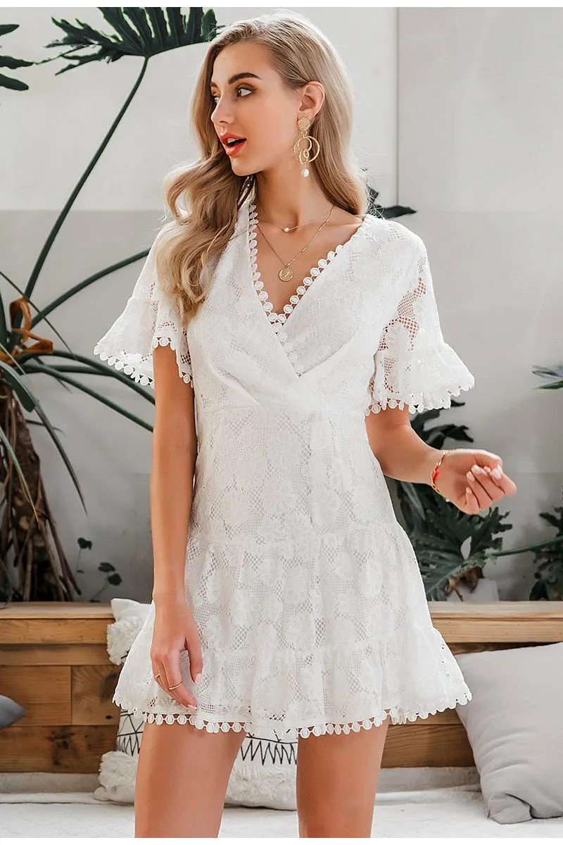 V-Neck Flower Lace Embroidery High Waist Holiday Beach Ruffled Cotton Mini Dress