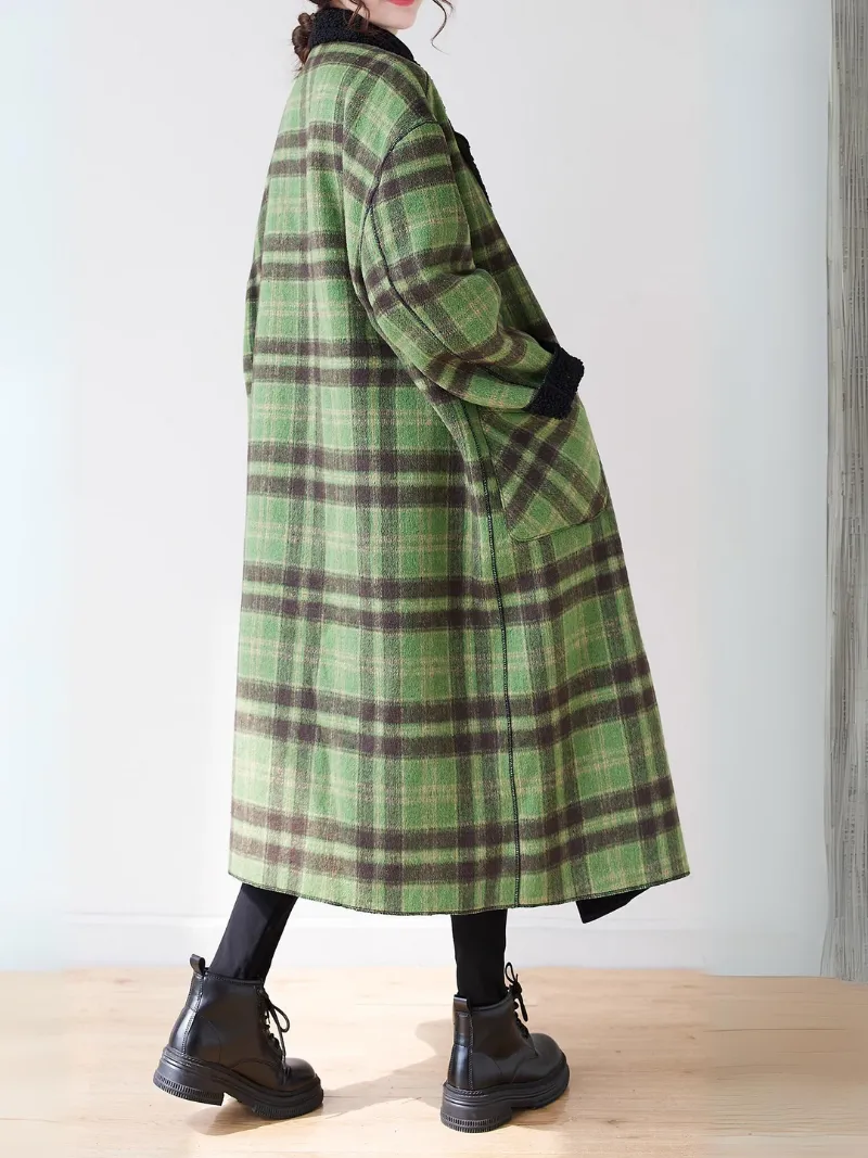 Women's Velvet Loose Lambswool Plaid Side Pockets Coat