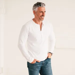 Woven Placket Henley Shirt –  White Cotton Jersey